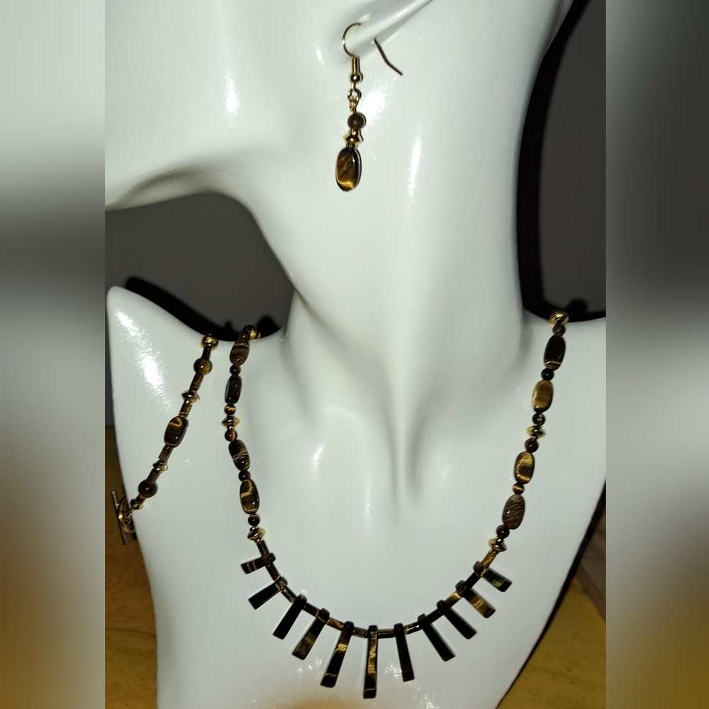 Vintage Inspired Tigereye & Gold Cleopatra Fan Necklace, Bracelet &  Earring Set